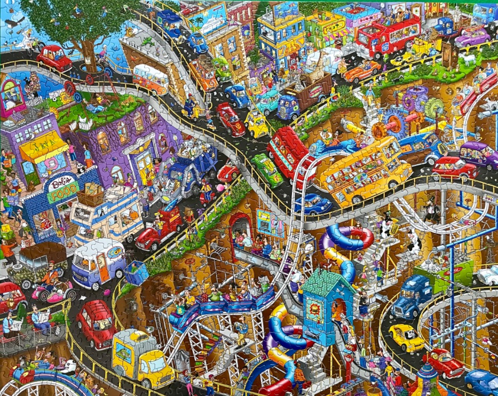 A colorful, bustling cartoon illustration of a multi-level city with winding roads, vehicles, and amusement park features.
