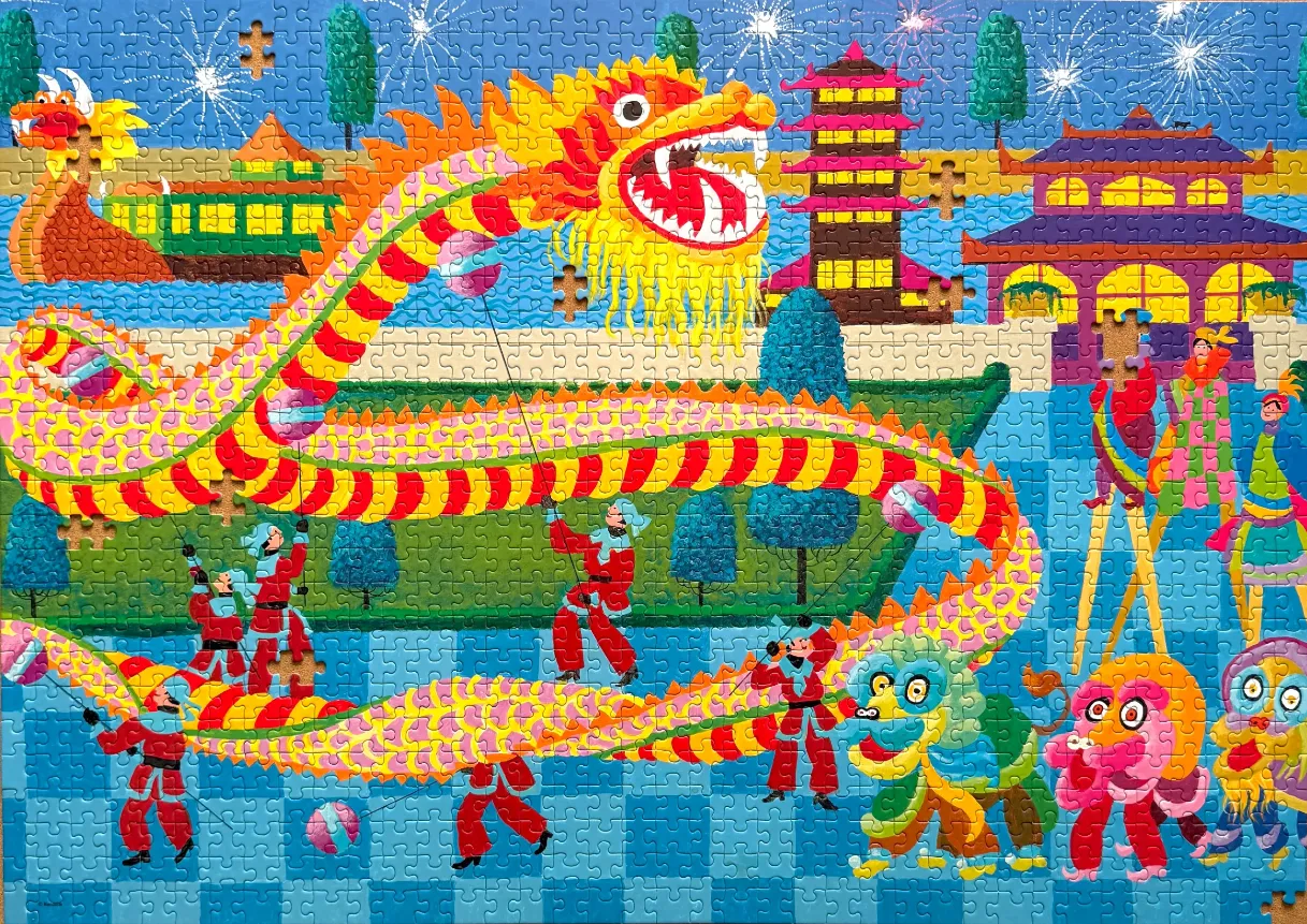 A vibrant folk-art style illustration of a Chinese New Year dragon dance celebration with fireworks.