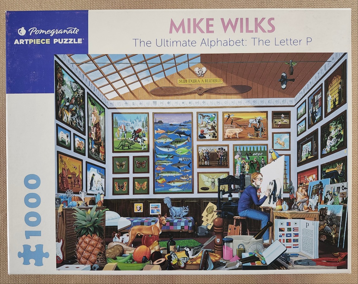 An intricate illustration depicting a room filled with objects and paintings all starting with the letter P.