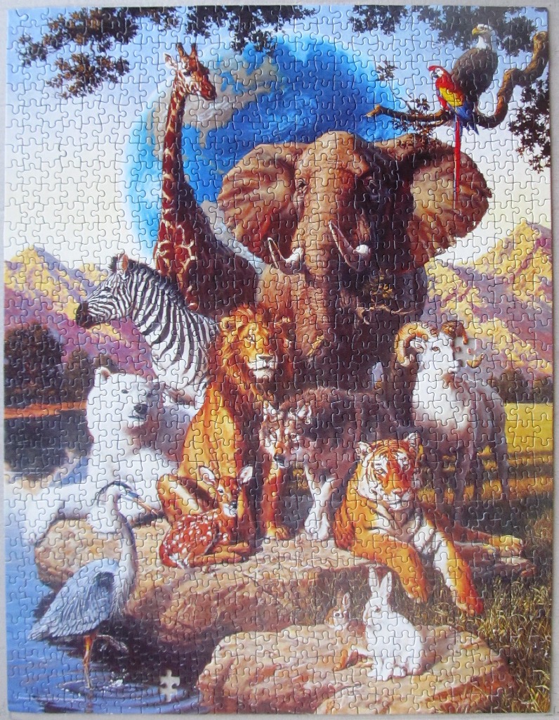 A diverse collection of wild animals gathered together in a vibrant, surreal landscape.