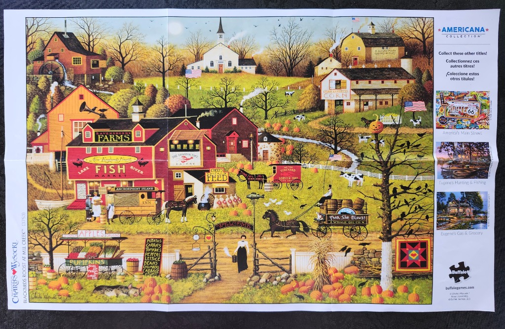 A detailed illustration of a bustling farm market scene with red buildings, horse-drawn carts, and a pumpkin patch.