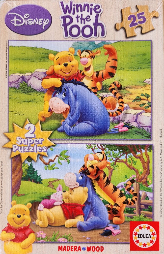 Illustration of Winnie the Pooh, Tigger, Eeyore, and Piglet in a bright, sunny forest setting.
