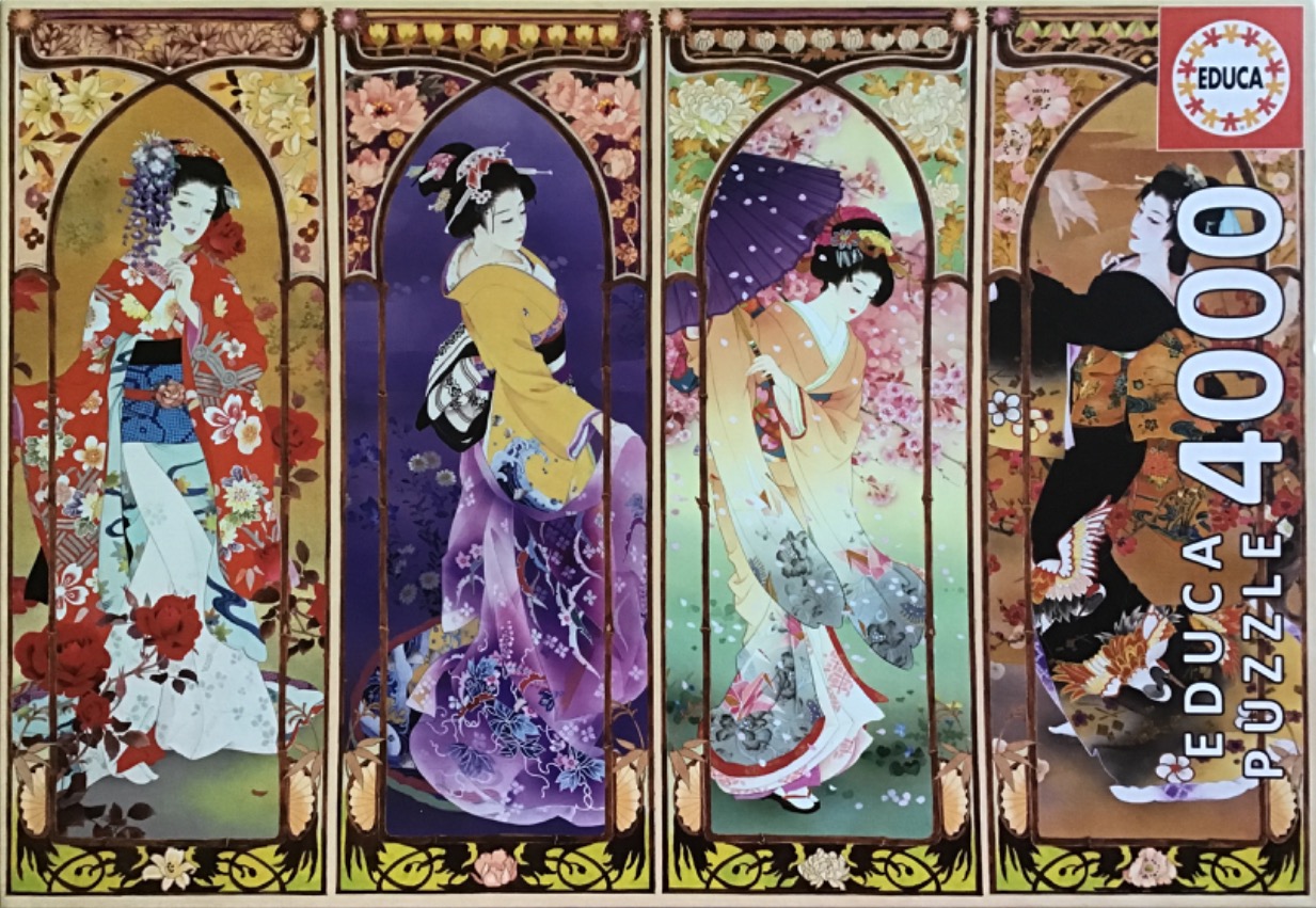 Art nouveau style illustration featuring four geishas in ornate, colorful kimonos within vertical archways.