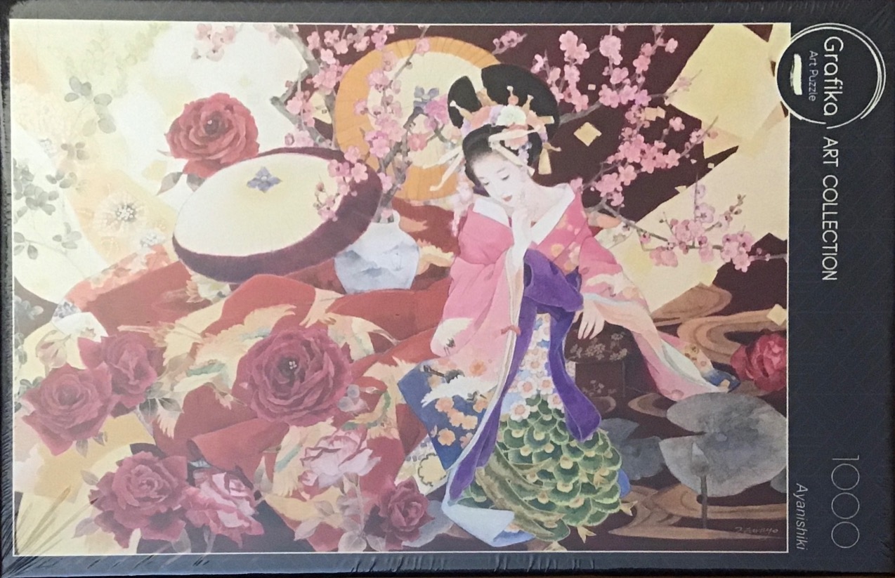 A Japanese woman in a vibrant kimono surrounded by red roses and cherry blossoms in an artistic illustration.
