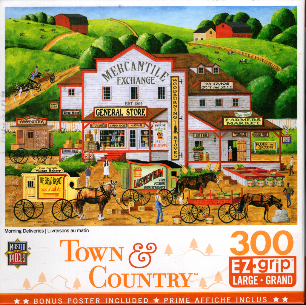 An illustration of a bustling 19th-century general store with horse-drawn wagons in a lush green countryside.