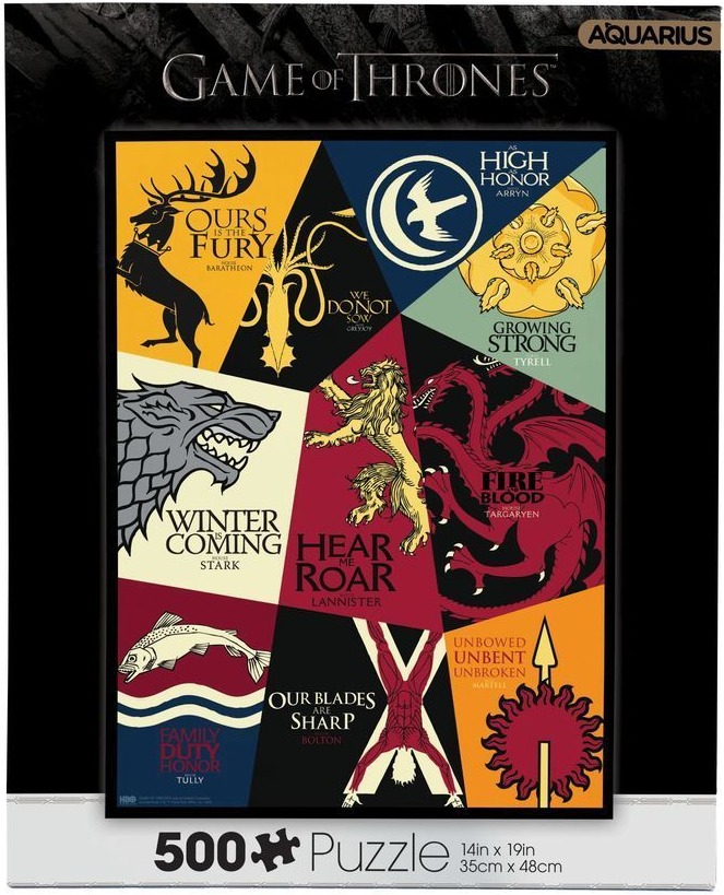 Collage of Game of Thrones House sigils and mottos in a geometric, poster-style illustration.