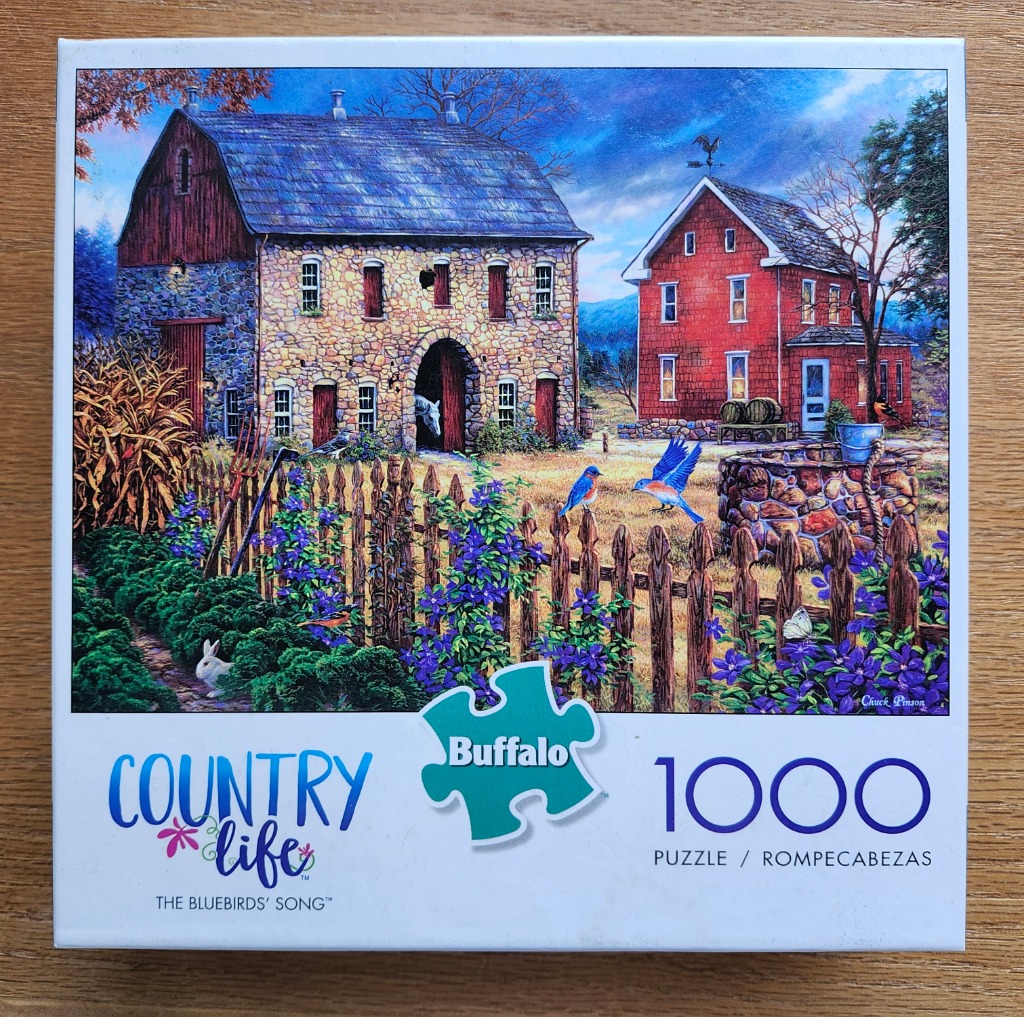 A peaceful rural farmhouse scene with a stone barn, a red house, bluebirds, and a garden at twilight.