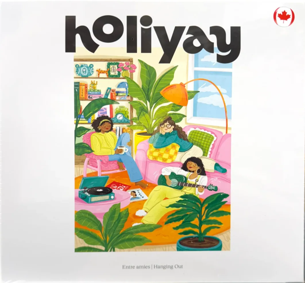 Illustration of three diverse friends relaxing in a cozy, plant-filled living room.