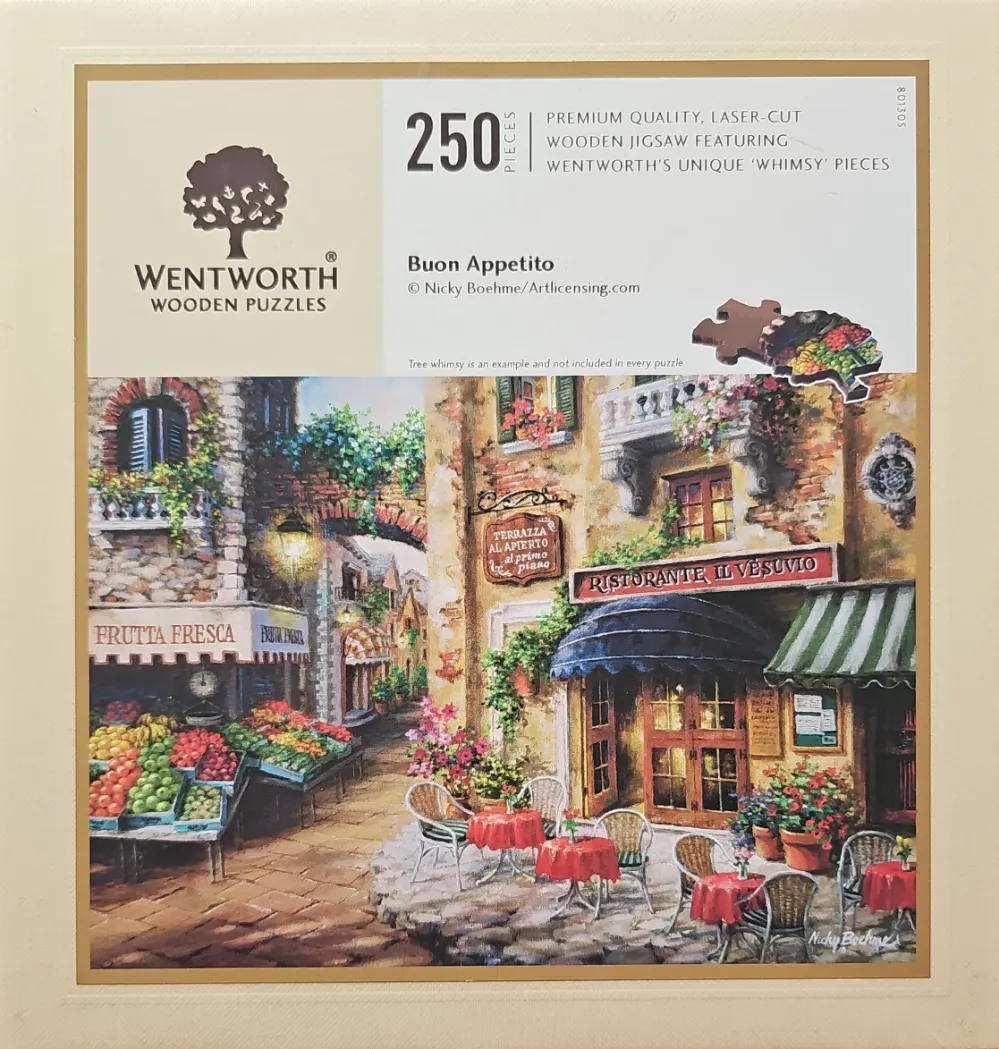 An Italian street scene featuring a restaurant and fruit stand with outdoor seating.