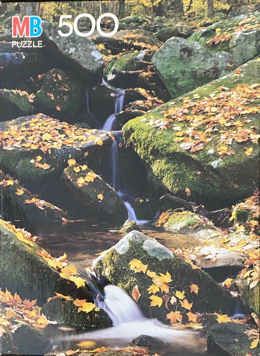 A small stream cascading over mossy rocks in a forest during autumn with scattered golden leaves.