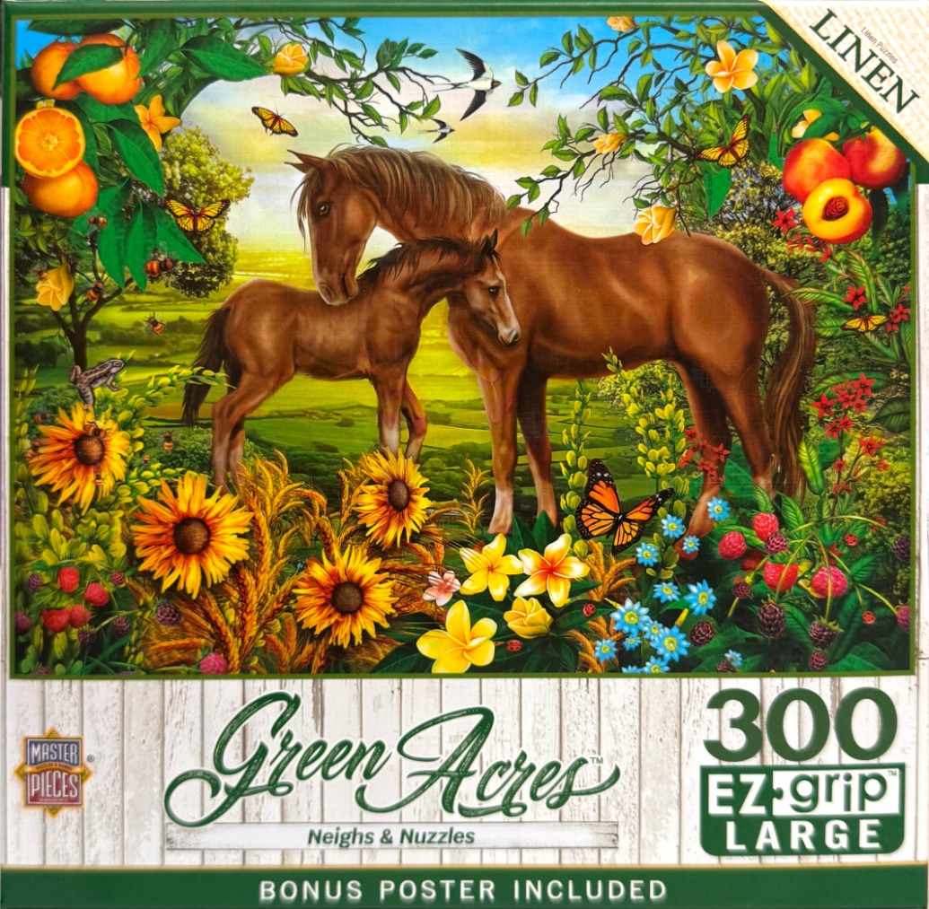 A mother horse and her foal in a sunny meadow surrounded by flowers and fruit.