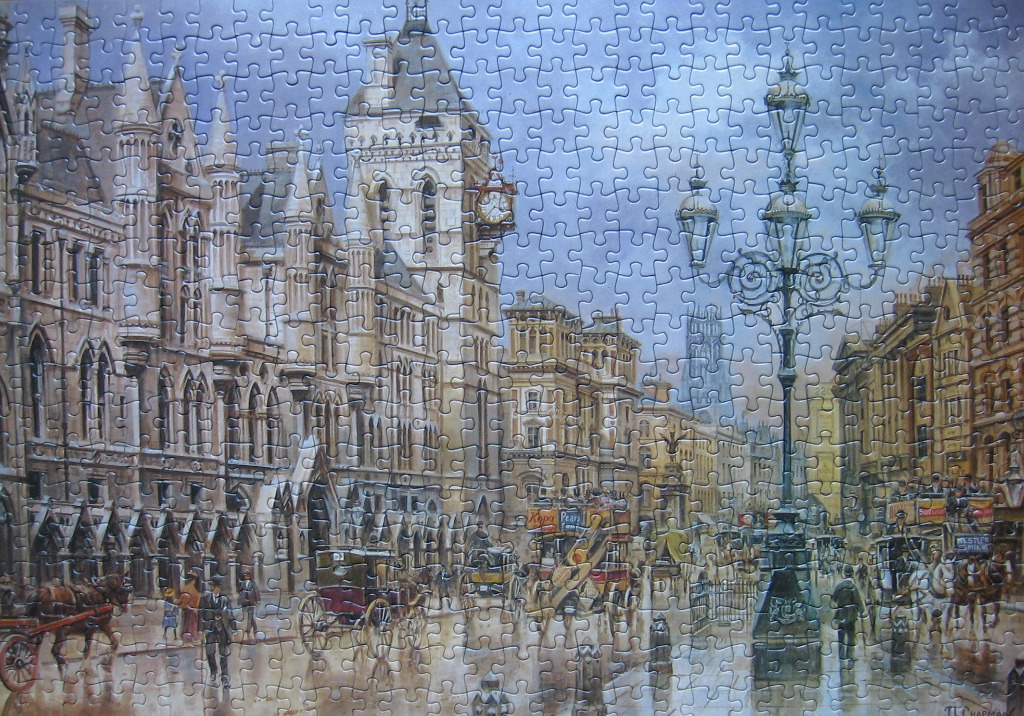 A Victorian London street scene featuring the Royal Courts of Justice and a decorative iron lamppost.