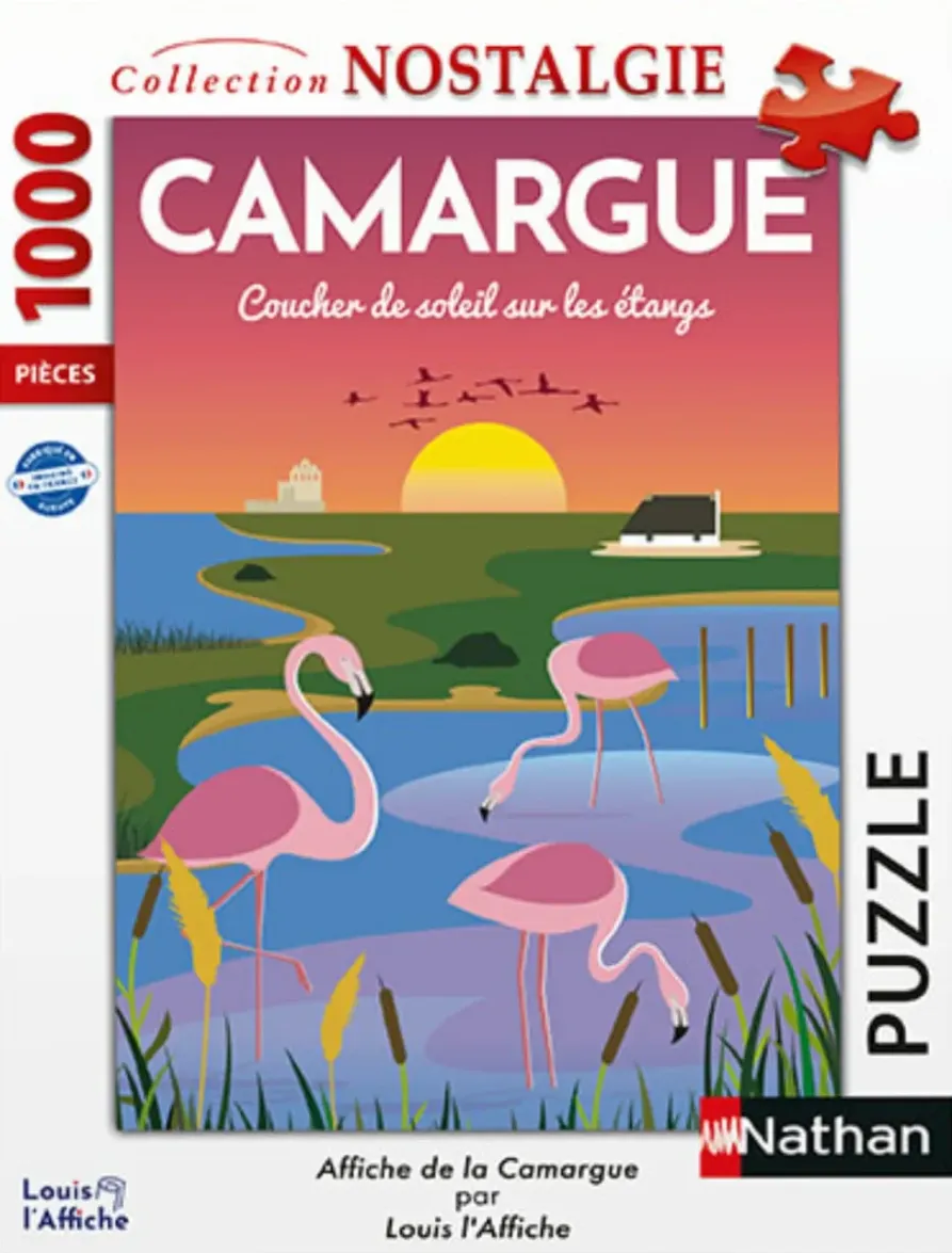 Stylized illustration of pink flamingos in a marshy landscape at sunset in the Camargue region.