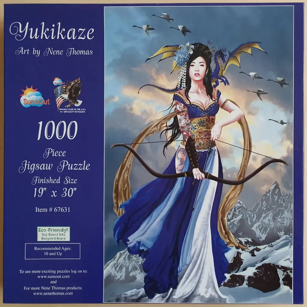 A fantasy illustration of a woman in a blue and white gown holding a bow, accompanied by a small dragon.