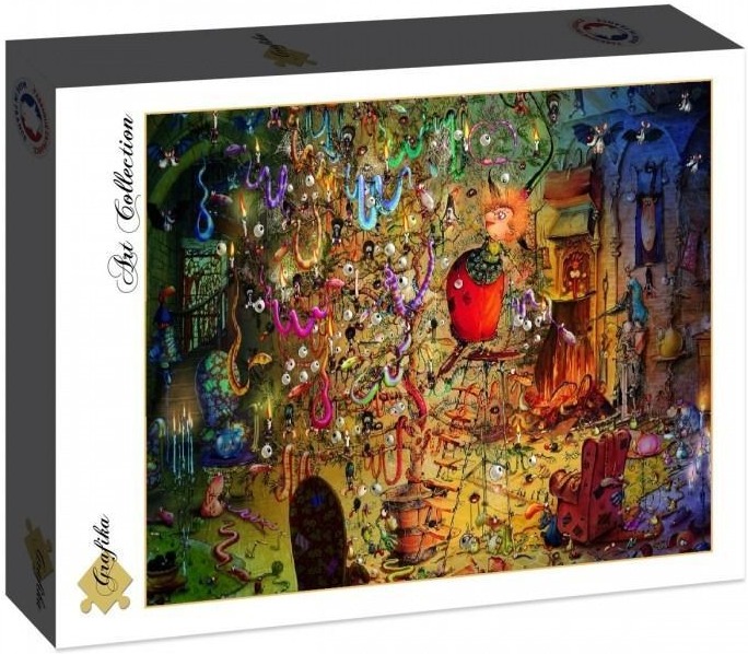 Whimsical, detailed illustration of a magical room with an oversized ladybug perched on a tall, decorated tree.