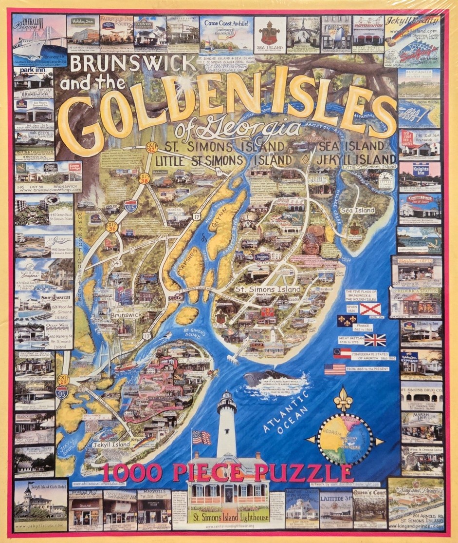 A detailed illustrated map of Brunswick and the Golden Isles of Georgia, surrounded by a border of small photos.