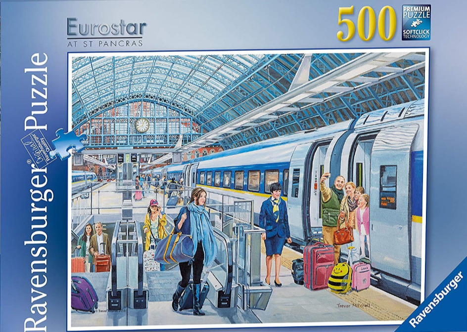 Illustration of a busy train station platform with a modern train and travelers.