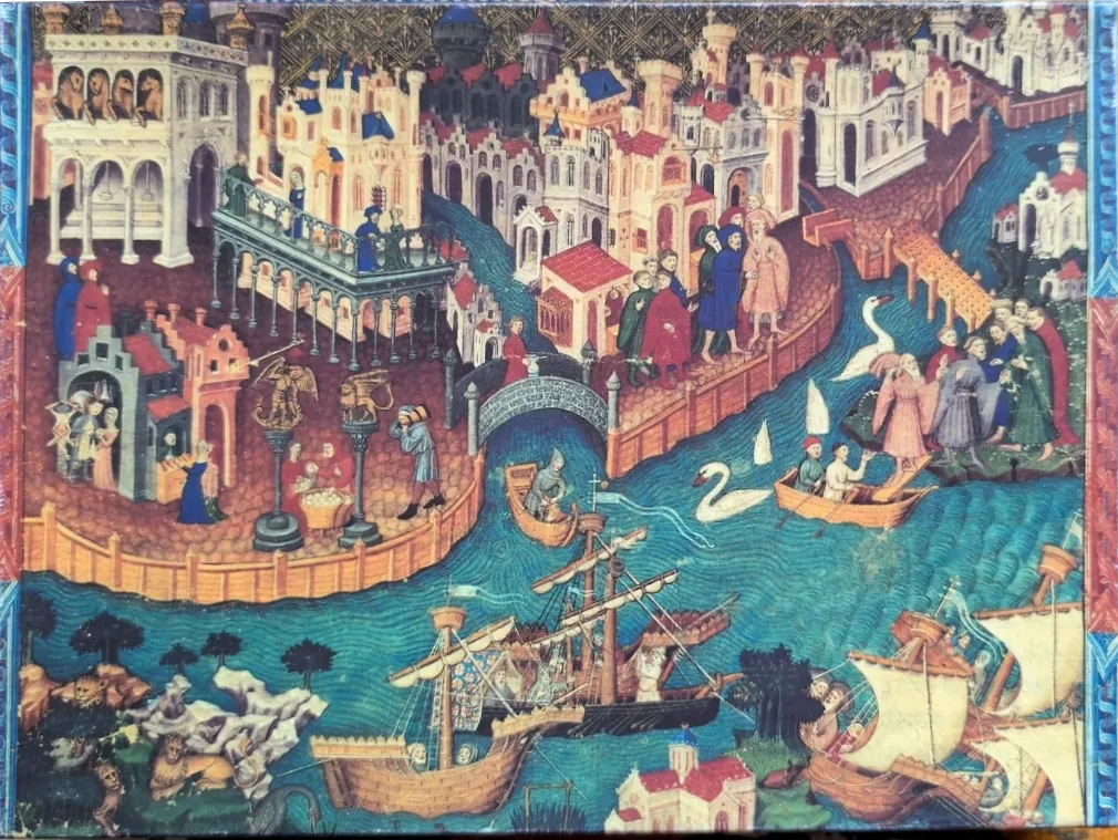 Medieval manuscript-style illustration of a bustling city with a canal, bridges, and sailing ships.