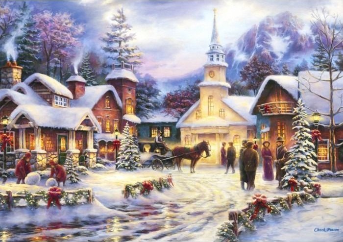 A nostalgic winter village scene with a white church, a horse-drawn carriage, and people celebrating in the snow.