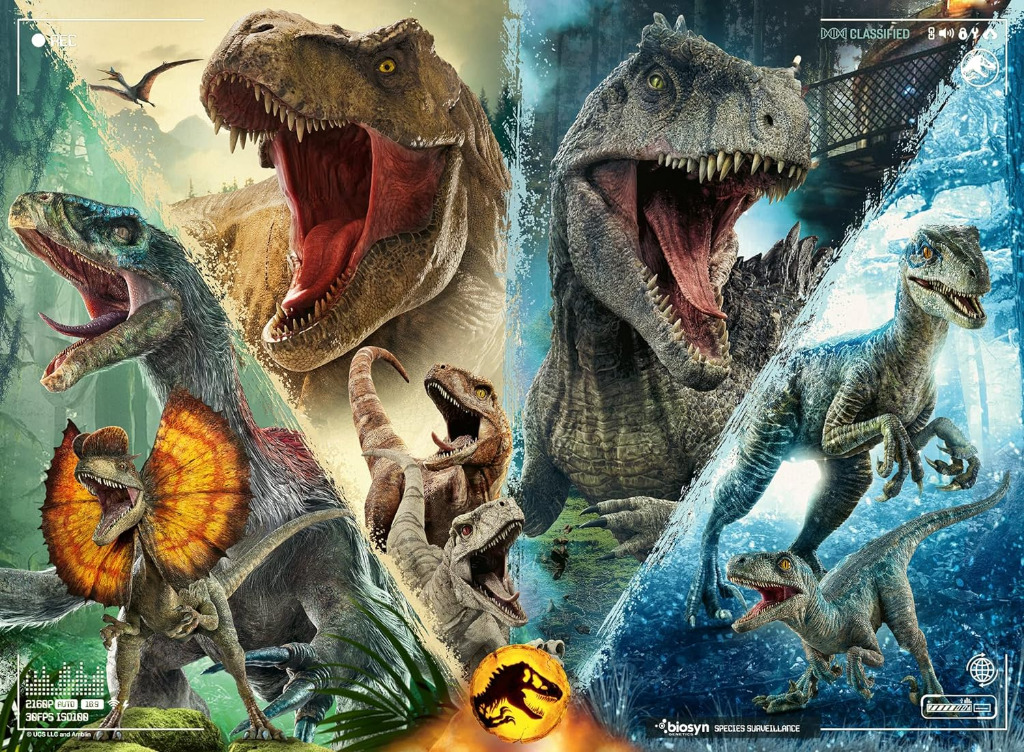 A digital collage featuring multiple prehistoric dinosaurs with large, open mouths in a lush jungle setting.