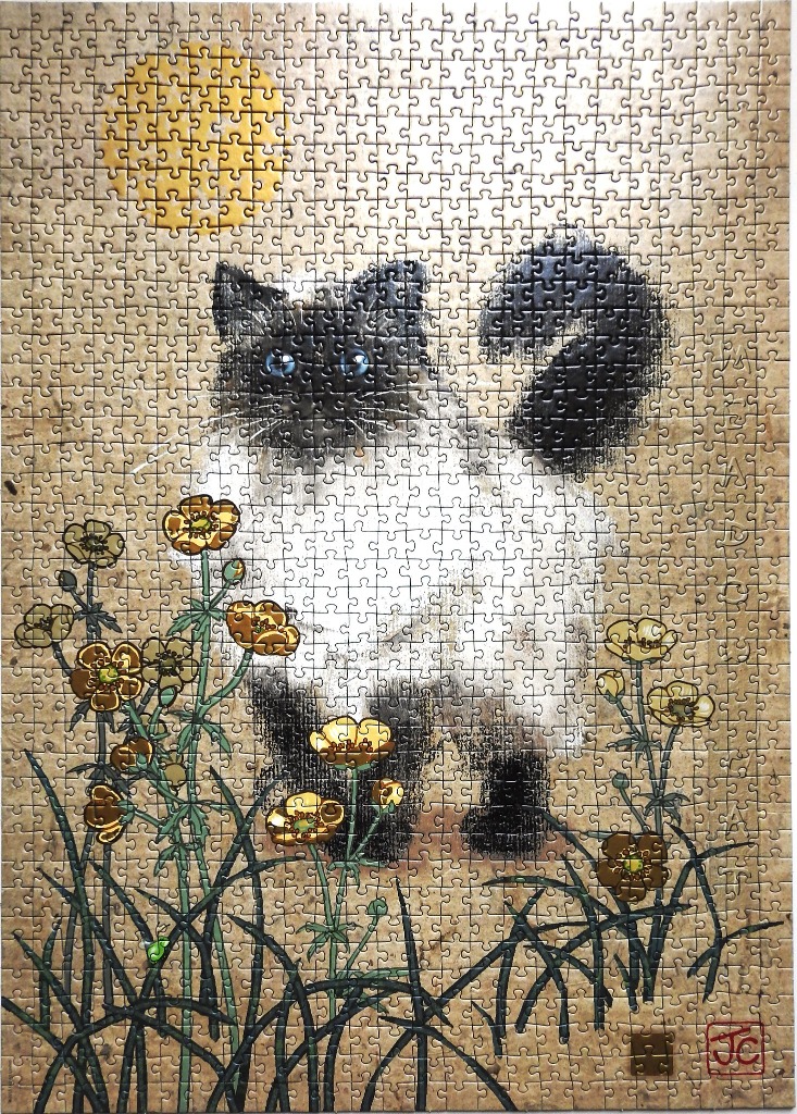 A whimsical illustration of a fluffy cat with blue eyes amidst tall yellow buttercup flowers against a textured background.
