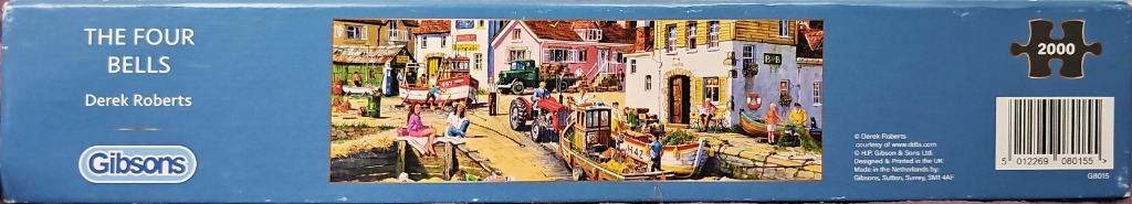 Painting of a bustling English harbor side scene with boats, a tractor, and people enjoying a sunny day.