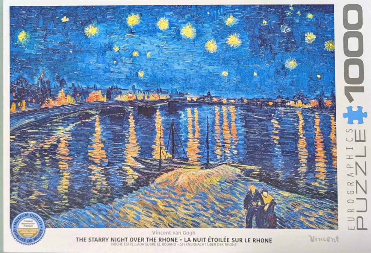 Oil painting of a night sky filled with stars reflecting over a dark blue river with boats and two figures on the shore