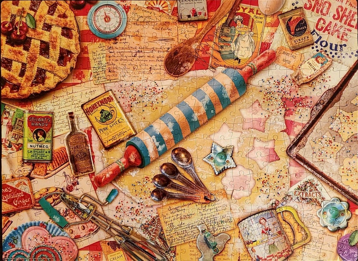 A vintage-style illustration of baking ingredients, tools, and recipes arranged on a tabletop.