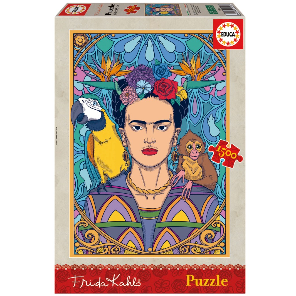 A stylized portrait illustration of Frida Kahlo with a blue parrot and a small monkey against a stained-glass style backgroun