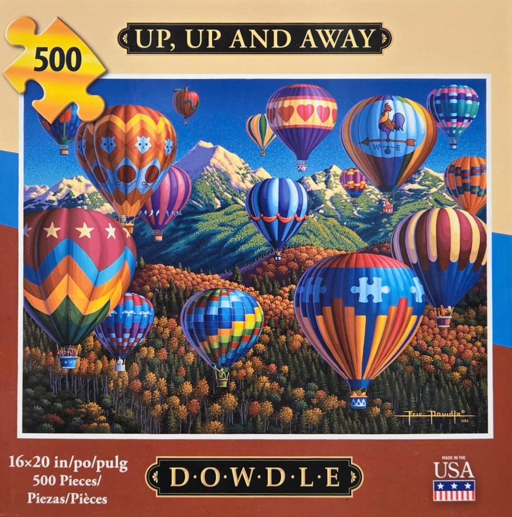 A whimsical folk-art style illustration of numerous colorful hot air balloons floating over a mountain landscape.
