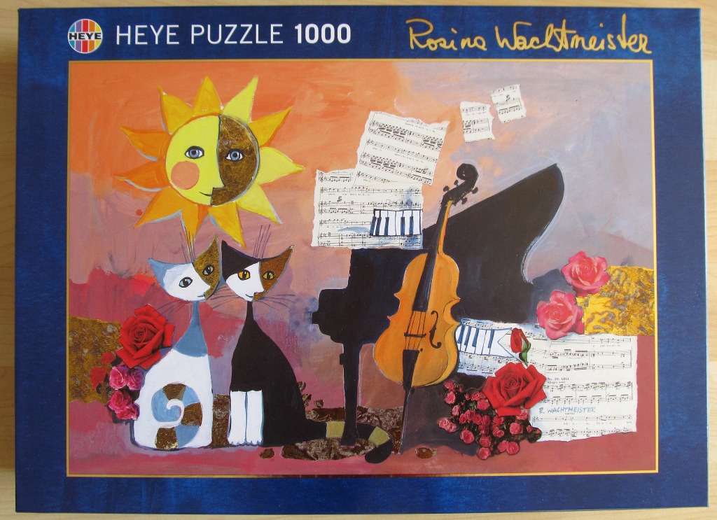 Artistic illustration of two stylized cats sitting near a piano, violin, sheet music, and red roses under a sun.