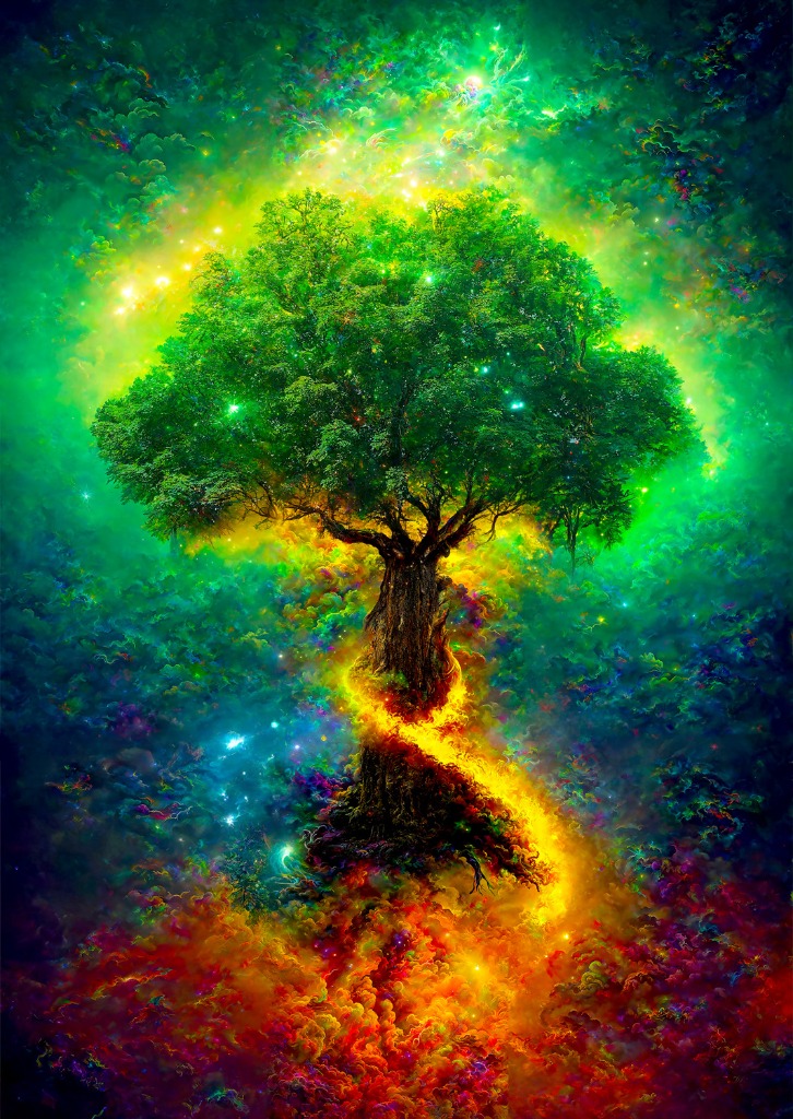 A surreal, glowing tree rises from a vibrant, multi-colored nebula of swirling clouds and starry light.