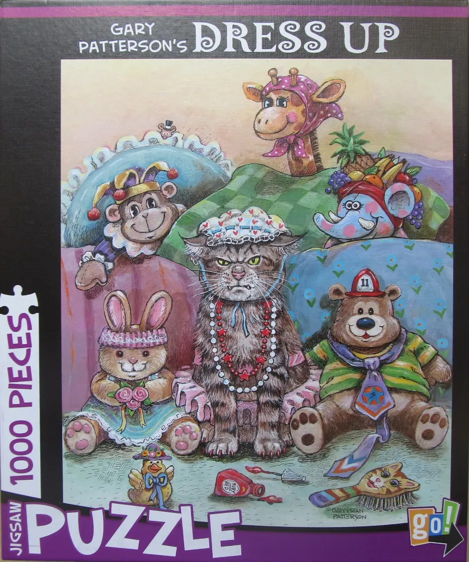 Cartoon illustration of a grumpy cat wearing a bonnet and jewelry, surrounded by costumed animals.