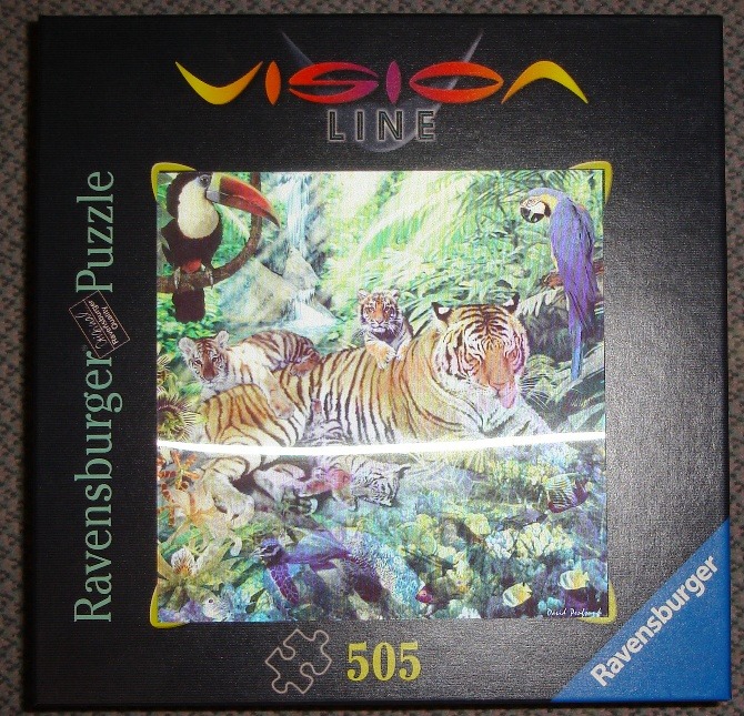 Jungle scene featuring a tiger family, a toucan, and a macaw, with an underwater reef scene below.