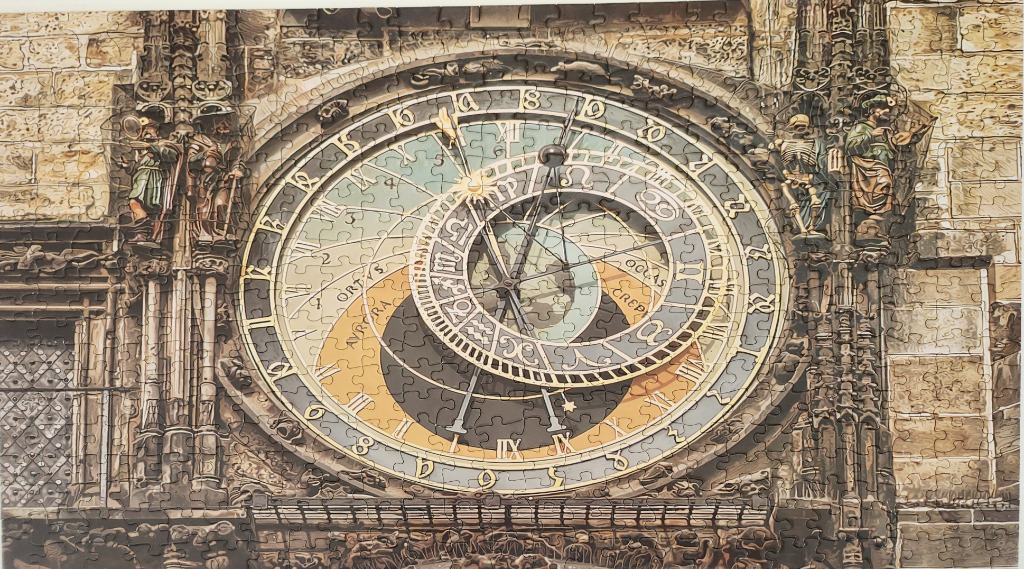 Detailed painting of the Prague Astronomical Clock featuring its complex dial and surrounding Gothic stonework.