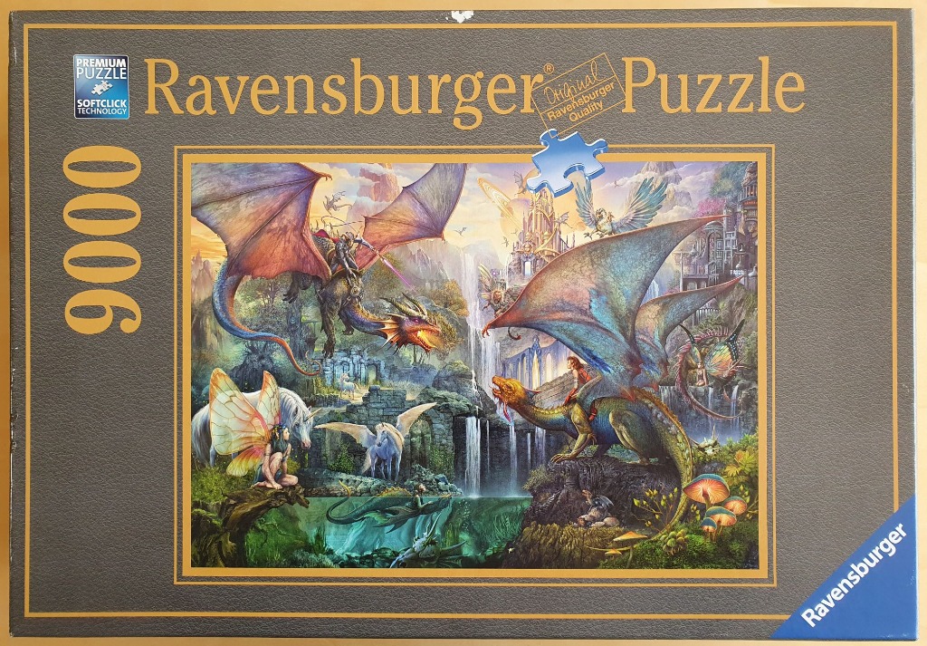Fantasy illustration featuring two dragons with riders, winged creatures, and a magical castle landscape.
