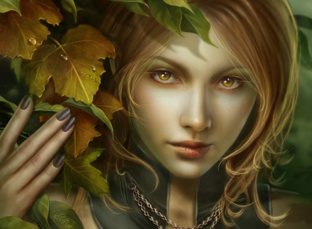 A close-up illustration of a woman with amber eyes peering from behind autumn leaves.