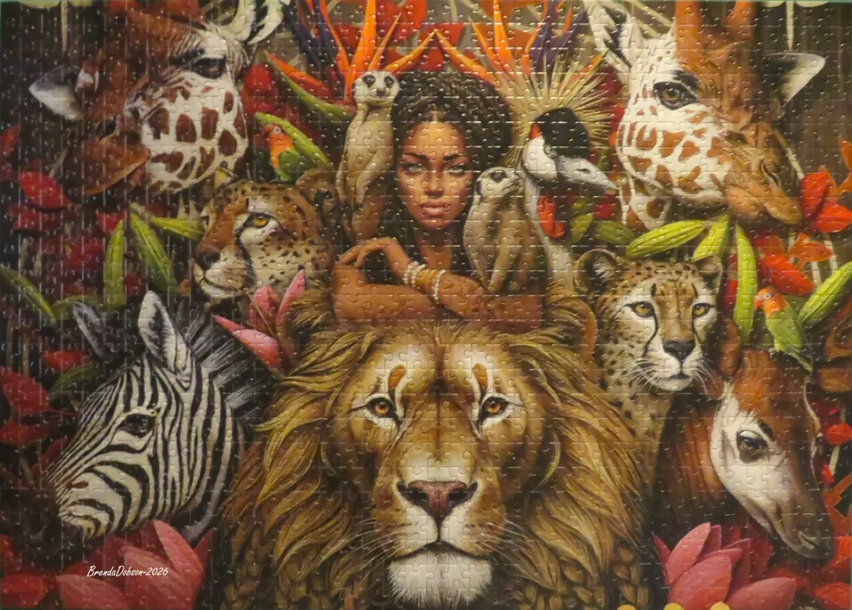 A lush illustration of a woman surrounded by African wildlife including a lion, giraffes, zebras, and cheetahs.