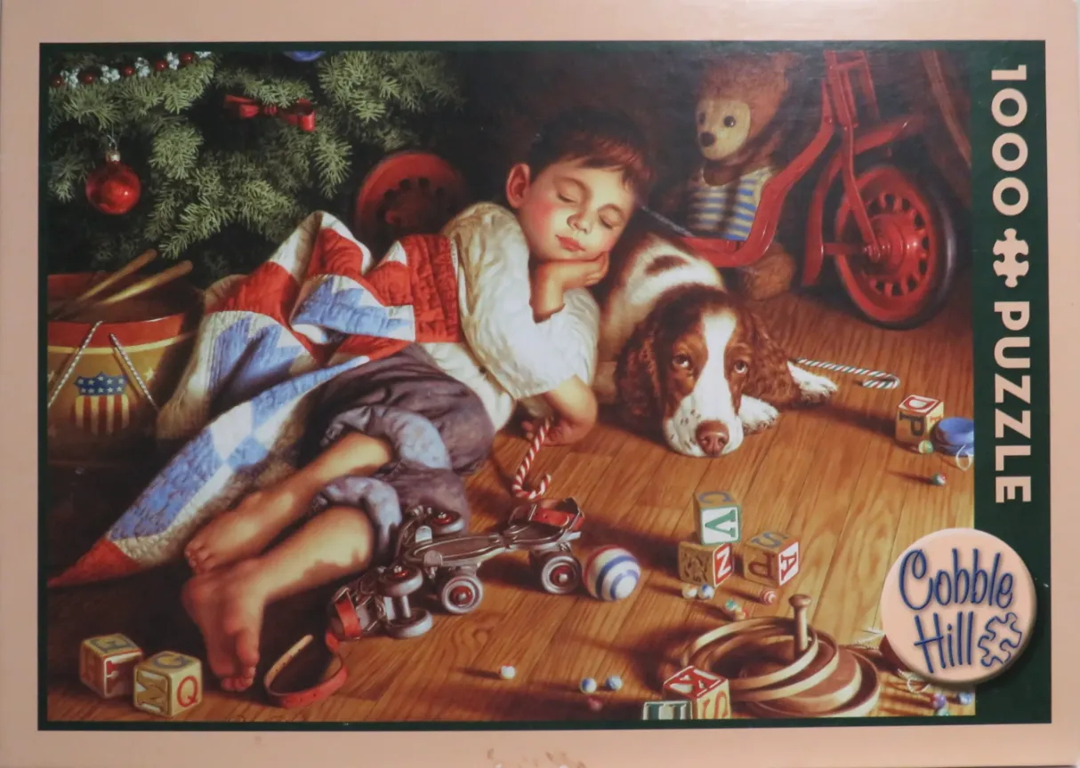 A young boy and a dog sleeping on the floor surrounded by Christmas toys.