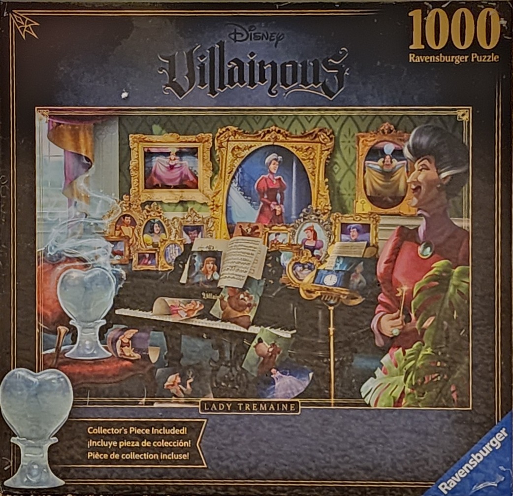 Illustration of Lady Tremaine in a study surrounded by portraits of Cinderella characters.