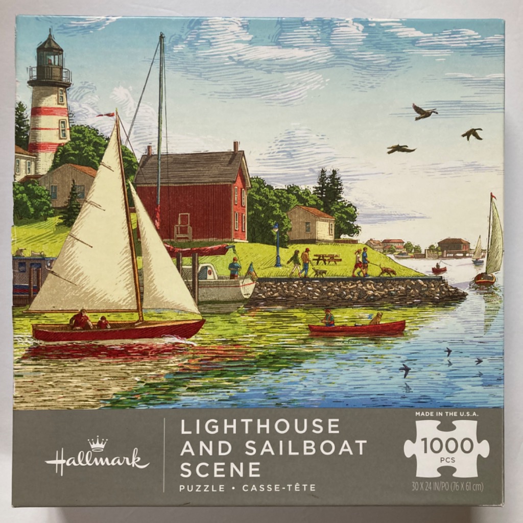 A peaceful coastal scene with a lighthouse, sailboats, and a red cottage by the water in a detailed illustration style.