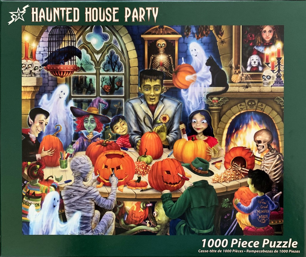 A cartoon illustration of a group of classic monsters, ghosts, and children carving pumpkins inside a stone manor.