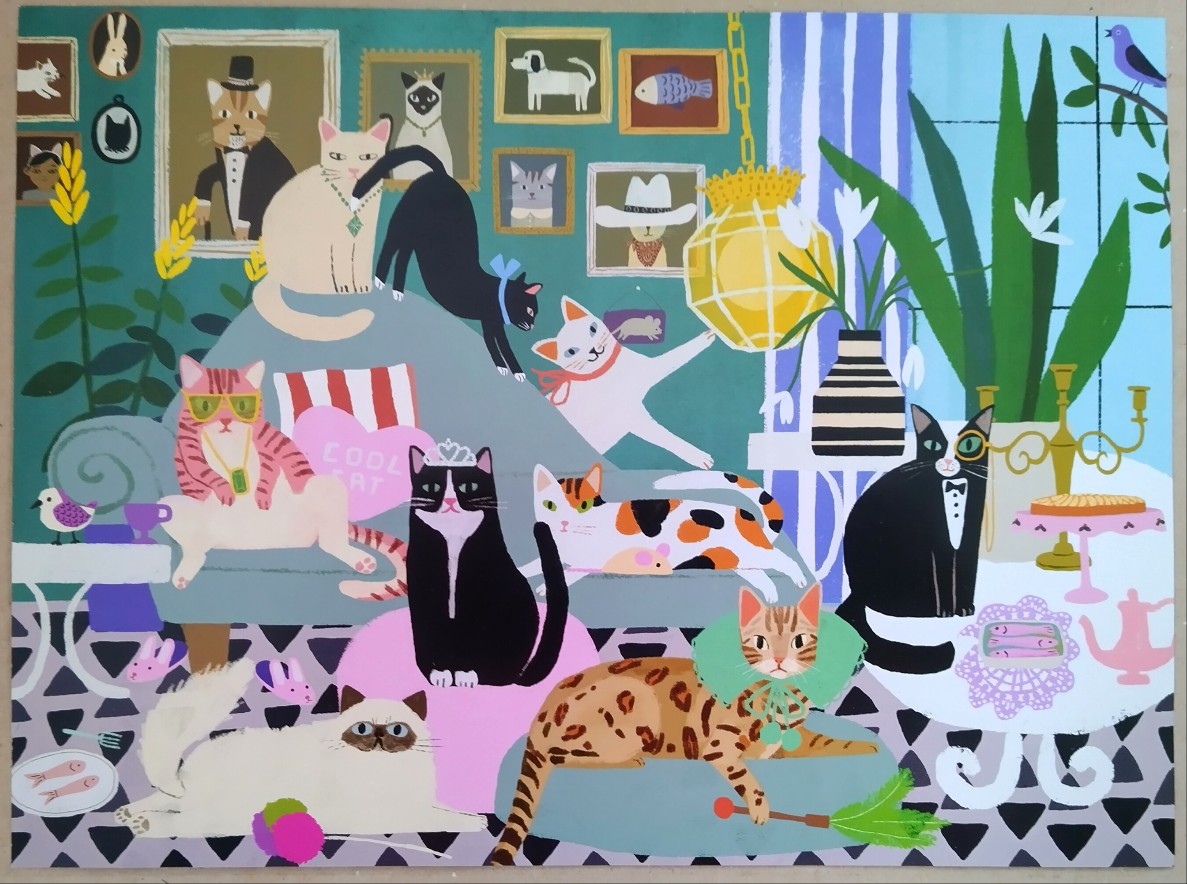 An illustration of many cats gathered in a stylish, art-filled living room.