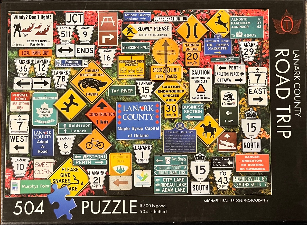 A collage of various road and informative signs from Lanark County, Ontario.