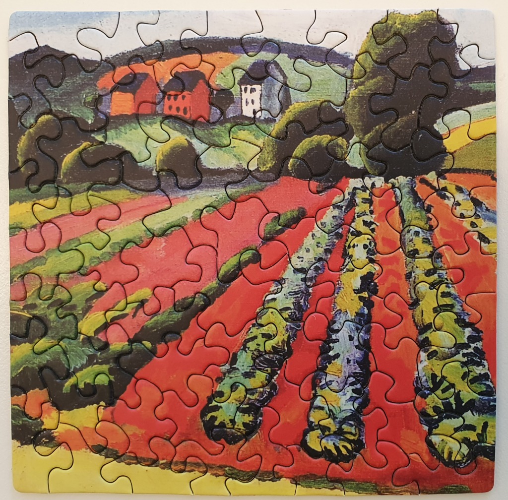 An impressionistic painting of a rural landscape with vibrant red poppy fields and a distant hillside with small houses.