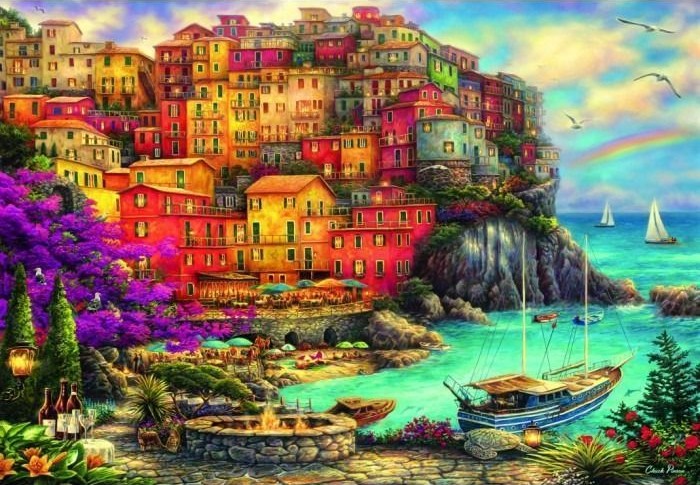 Vibrant Italian-style seaside village with colorful houses, a harbor, and a sunset sky.