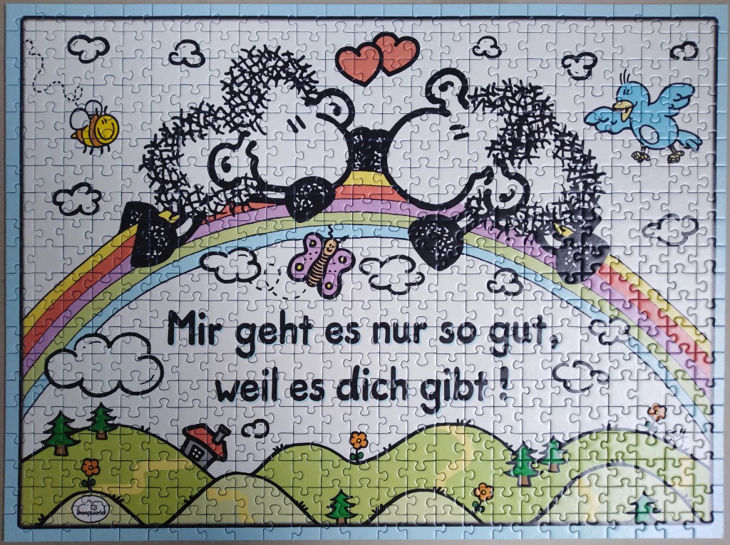 Cartoon illustration of two sheep kissing over a rainbow with German text.