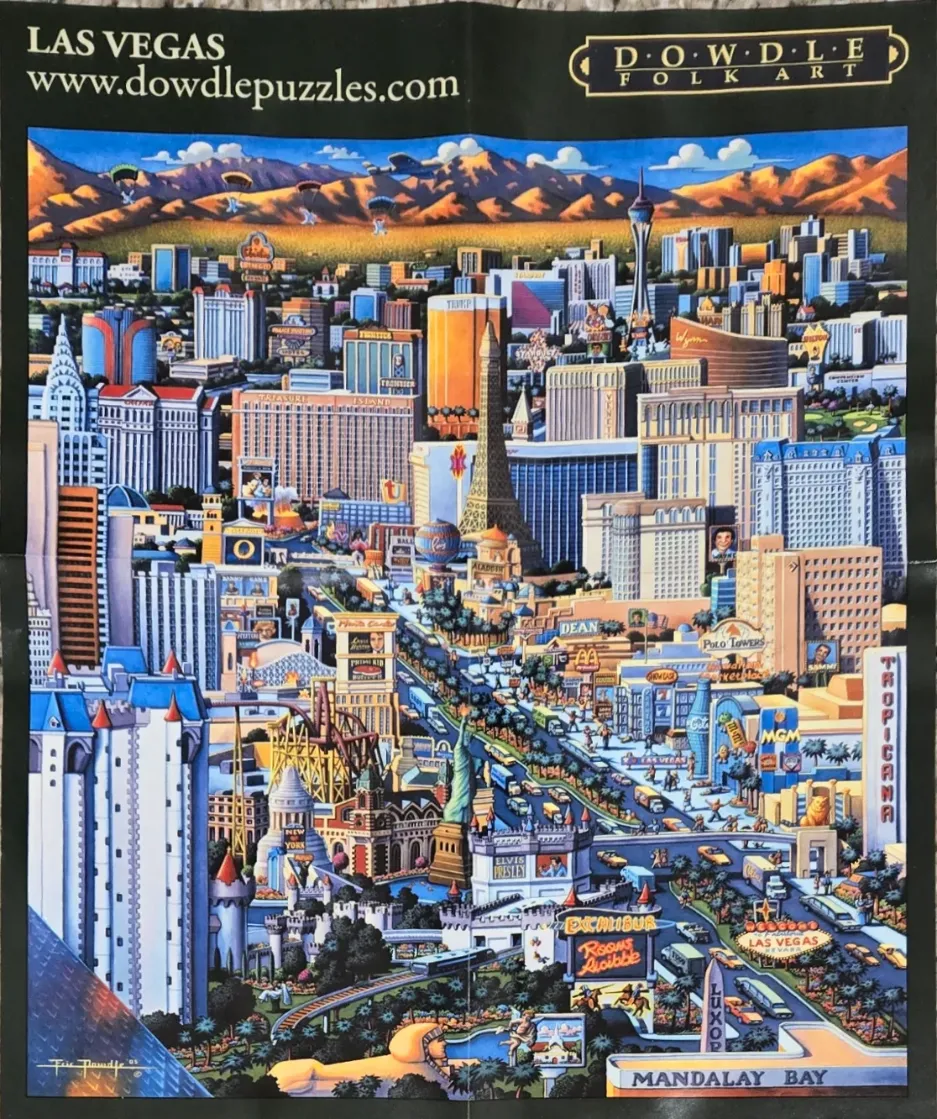 A vibrant, stylized illustration of the Las Vegas Strip featuring famous casinos and hotels under a mountain backdrop.