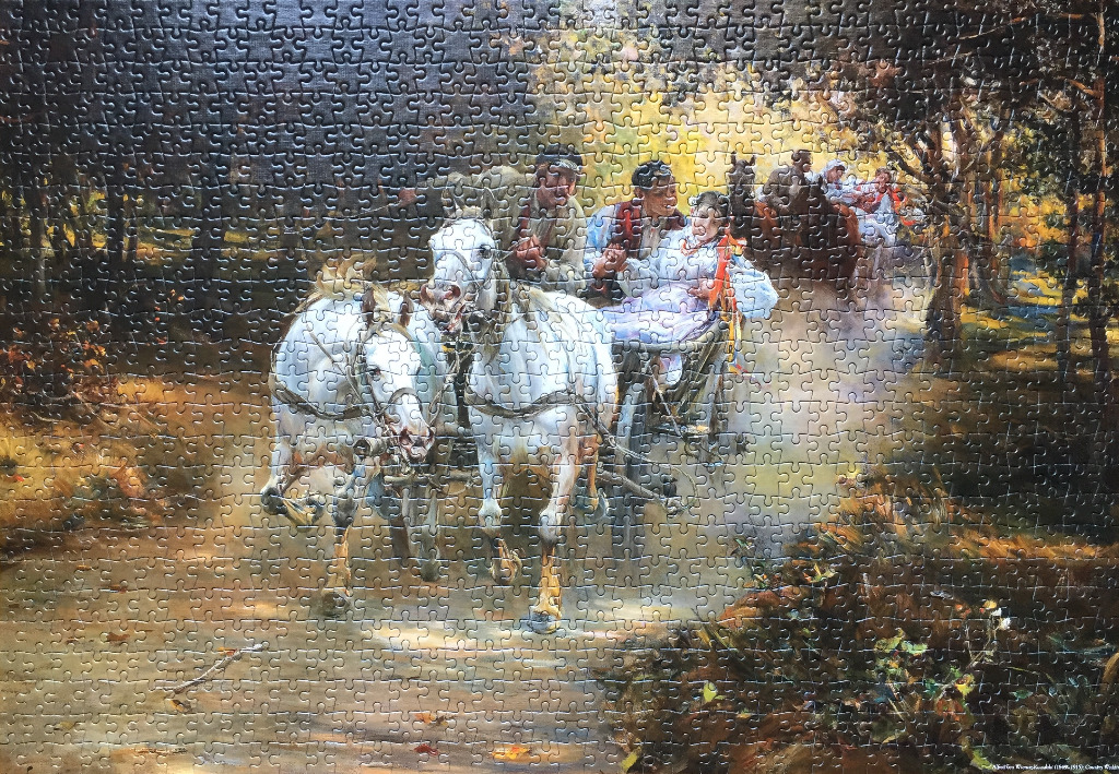 Oil painting of a team of white horses pulling a carriage with people through a sunlit forest road.