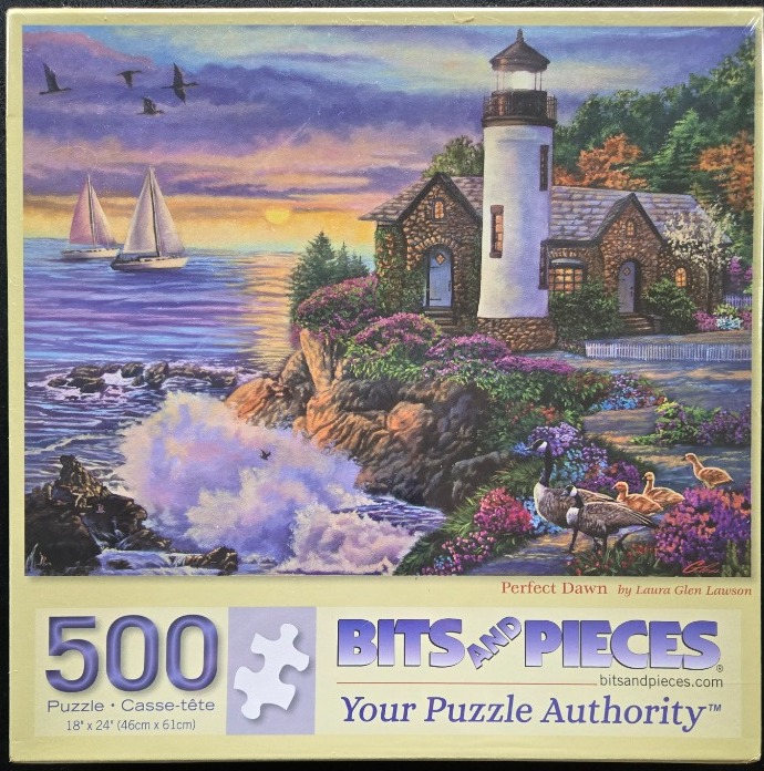 A lighthouse scene at dawn with a stone cottage, sailboats on the water, and Canada geese in the foreground.